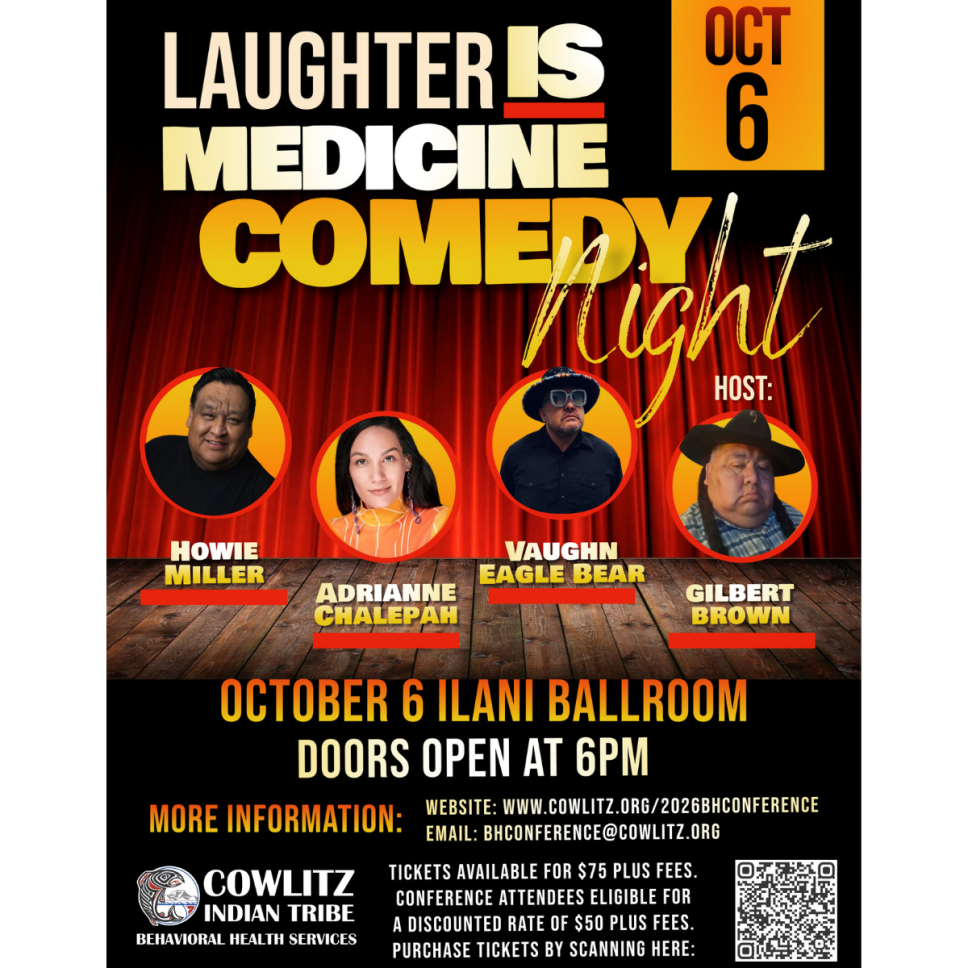 Laughter Is Medicine Comedy Night headline with red curtain as background and 4 comedian images