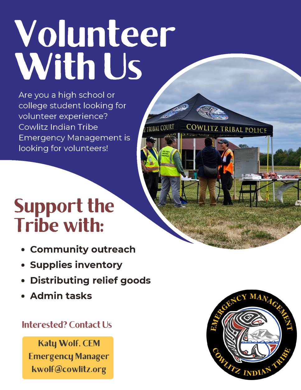 Purple Flyer with words 'Volunteer With Us' and an image of tent stating 'Cowlitz Public Safety'