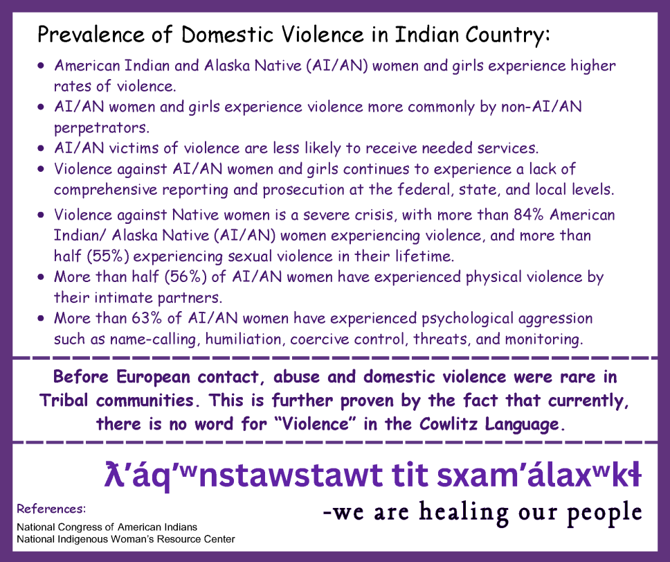 Domestic violence awareness infographic highlighting the disproportionate impact of violence on American Indian and Alaska Native women, including lifetime violence, sexual violence, intimate partner violence, and psychological aggression. The graphic concludes with a Cowlitz phrase translated as “We are healing our people.”